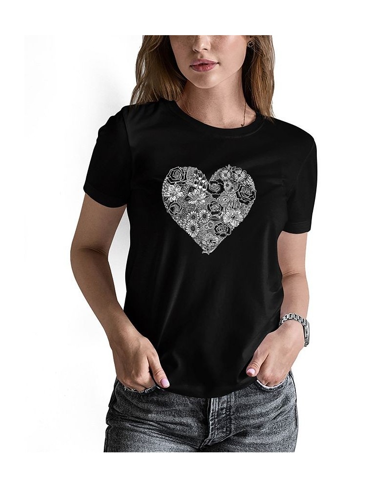 Women's Word Art Heart Flowers Short Sleeve T-shirt Black $16.10 Tops