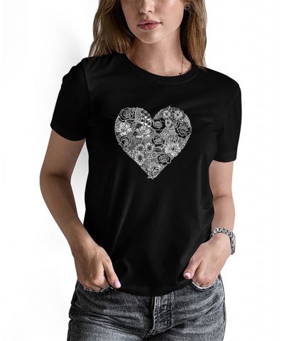 Women's Word Art Heart Flowers Short Sleeve T-shirt Black $16.10 Tops