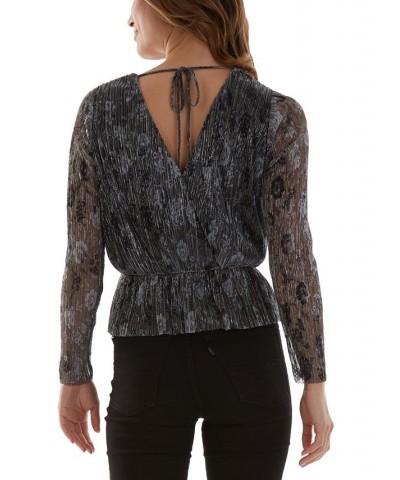 Juniors' Peplum-Hem Surplice-Neck Metallic-Threaded Top Grey Floral $11.23 Tops