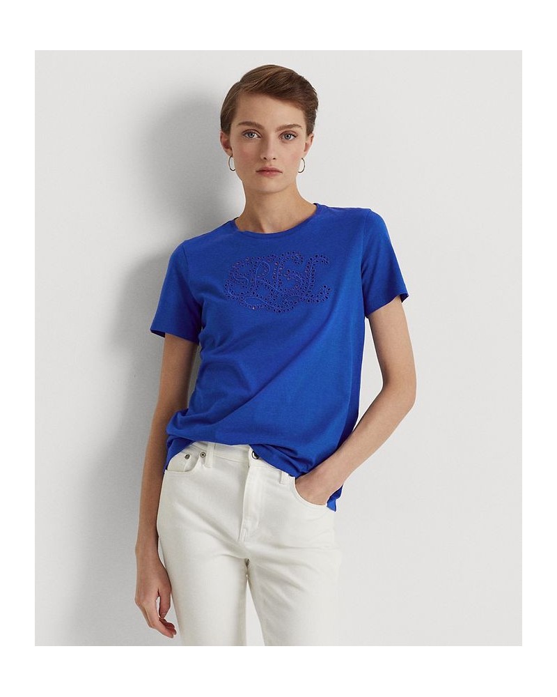 Women's Eyelet Logo Cotton-Blend T-Shirt Regular & Petite Blue $35.80 Tops