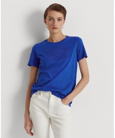 Women's Eyelet Logo Cotton-Blend T-Shirt Regular & Petite Blue $35.80 Tops