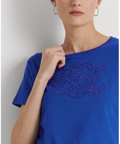 Women's Eyelet Logo Cotton-Blend T-Shirt Regular & Petite Blue $35.80 Tops