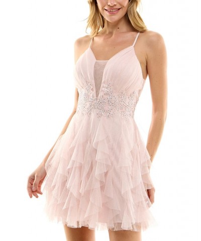 Juniors' Glitter-Mesh Lace-Up Mini Dress Blush $41.28 Dresses