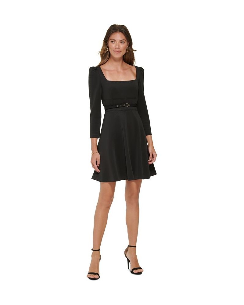 Women's Square-Neck Puff-Shoulder Belted A-Line Dress Black $36.19 Dresses