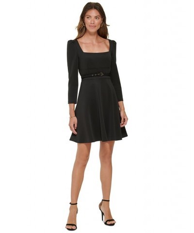 Women's Square-Neck Puff-Shoulder Belted A-Line Dress Black $36.19 Dresses