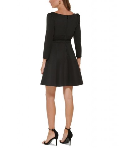 Women's Square-Neck Puff-Shoulder Belted A-Line Dress Black $36.19 Dresses