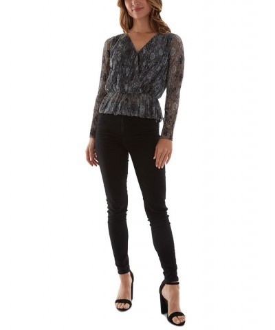 Juniors' Peplum-Hem Surplice-Neck Metallic-Threaded Top Grey Floral $11.23 Tops