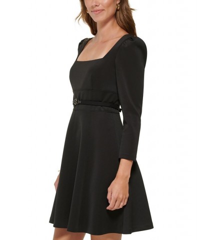 Women's Square-Neck Puff-Shoulder Belted A-Line Dress Black $36.19 Dresses