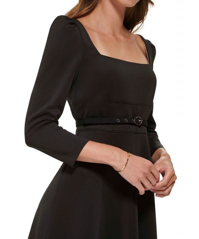 Women's Square-Neck Puff-Shoulder Belted A-Line Dress Black $36.19 Dresses