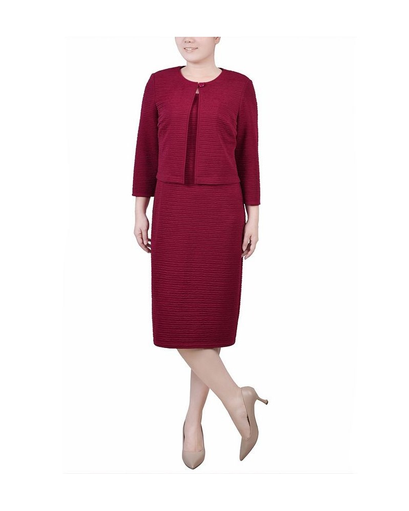 Petite Textured 3/4 Sleeve Two Piece Dress Set Red $12.71 Dresses