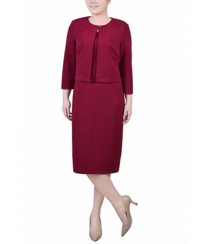 Petite Textured 3/4 Sleeve Two Piece Dress Set Red $12.71 Dresses