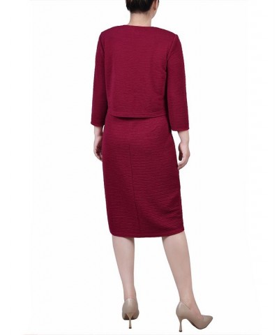 Petite Textured 3/4 Sleeve Two Piece Dress Set Red $12.71 Dresses