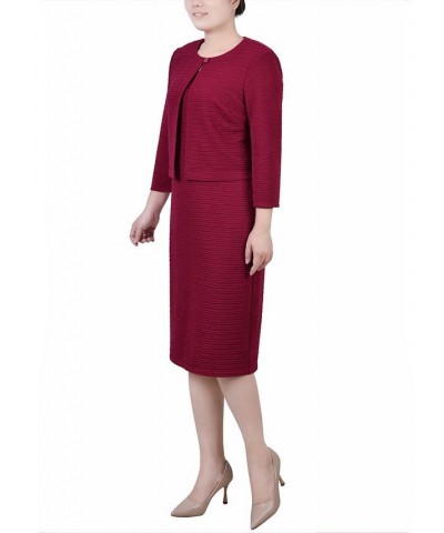 Petite Textured 3/4 Sleeve Two Piece Dress Set Red $12.71 Dresses