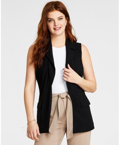 Petite Notch-Lapel Sleeveless Open-Front Vest Black $34.06 Jackets