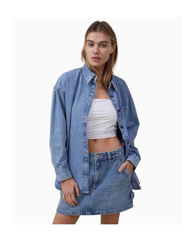 Women's Oversized Denim Long Sleeve Shirt Blue $35.69 Tops