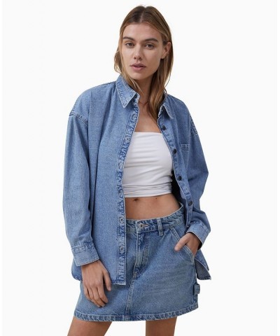 Women's Oversized Denim Long Sleeve Shirt Blue $35.69 Tops