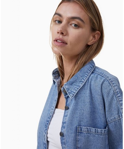 Women's Oversized Denim Long Sleeve Shirt Blue $35.69 Tops