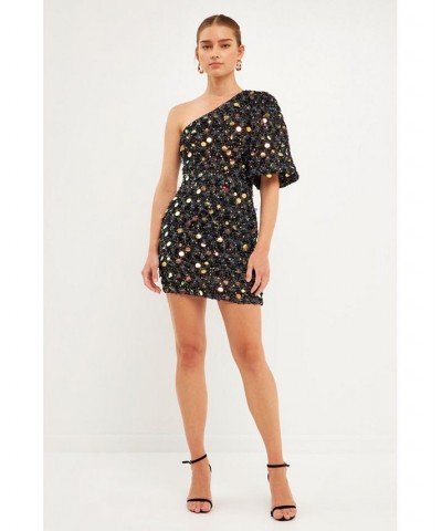 Women's One Shoulder Sequin Mini Dress Black $90.00 Dresses