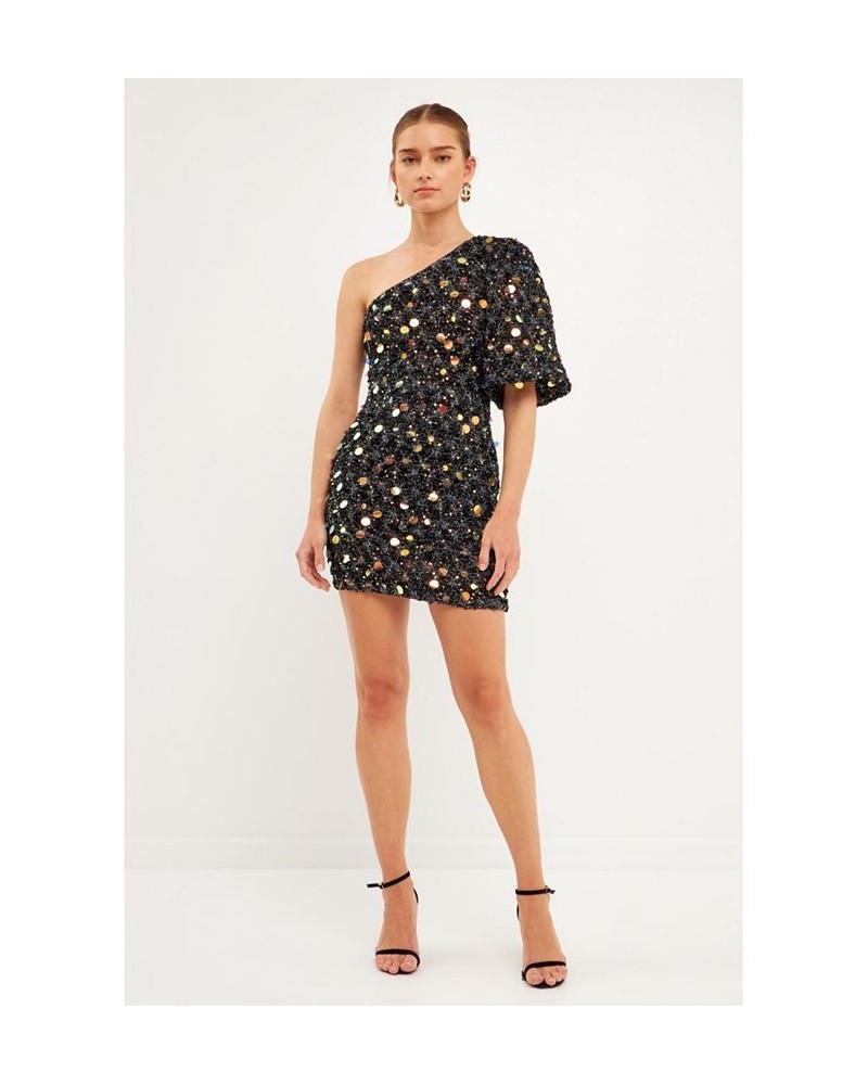 Women's One Shoulder Sequin Mini Dress Black $90.00 Dresses