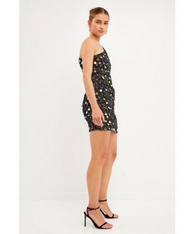 Women's One Shoulder Sequin Mini Dress Black $90.00 Dresses