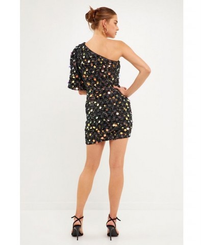 Women's One Shoulder Sequin Mini Dress Black $90.00 Dresses