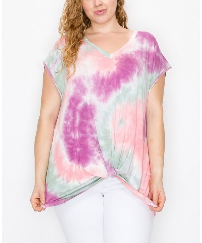 Plus Size Hand Tie Dye V-Neck Twist Front Top Magenta/Sage $18.98 Tops