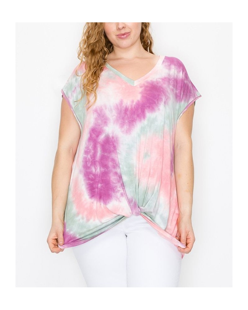 Plus Size Hand Tie Dye V-Neck Twist Front Top Magenta/Sage $18.98 Tops