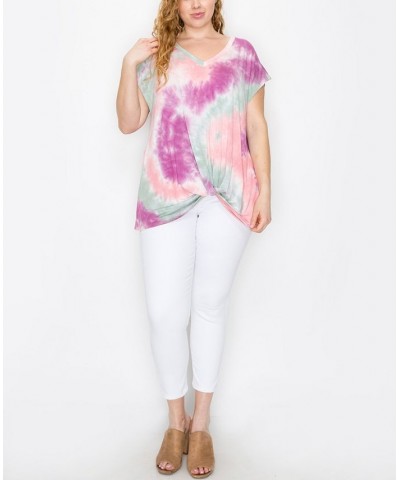 Plus Size Hand Tie Dye V-Neck Twist Front Top Magenta/Sage $18.98 Tops