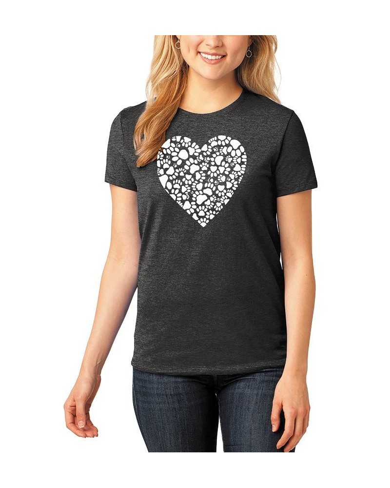 Women's Premium Blend Word Art Paw Prints Heart T-Shirt Black $17.60 Tops