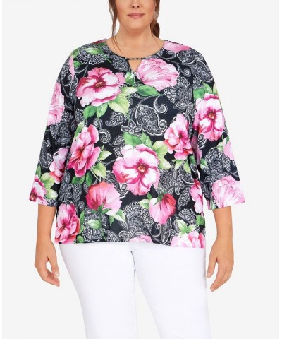 Plus Size Classic Split Neck Paisley Floral Top Black Multi $36.99 Tops