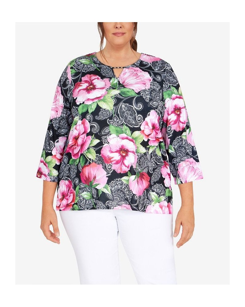 Plus Size Classic Split Neck Paisley Floral Top Black Multi $36.99 Tops