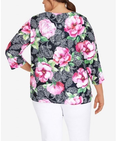 Plus Size Classic Split Neck Paisley Floral Top Black Multi $36.99 Tops