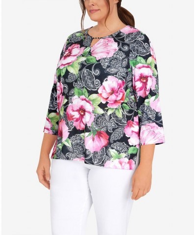 Plus Size Classic Split Neck Paisley Floral Top Black Multi $36.99 Tops