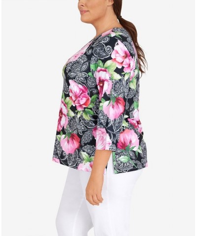 Plus Size Classic Split Neck Paisley Floral Top Black Multi $36.99 Tops