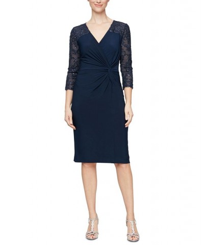 Alex Evening Women's Embellished-Sleeve Twist-Front Embroidered Sheath Dress Navy $69.65 Dresses