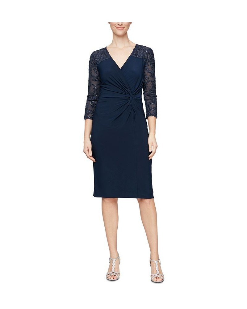 Alex Evening Women's Embellished-Sleeve Twist-Front Embroidered Sheath Dress Navy $69.65 Dresses