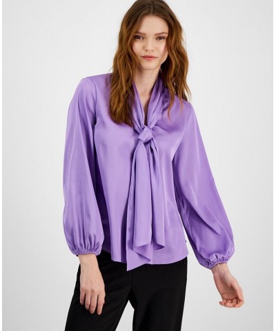 Women's Bow-Tie Long-Sleeve Blouse Purple $37.13 Tops