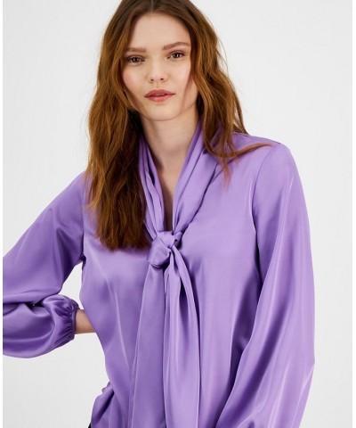 Women's Bow-Tie Long-Sleeve Blouse Purple $37.13 Tops