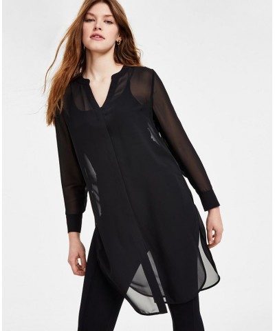 Semi-Sheer Tunic Blouse P/XS-4X Black $21.47 Tops