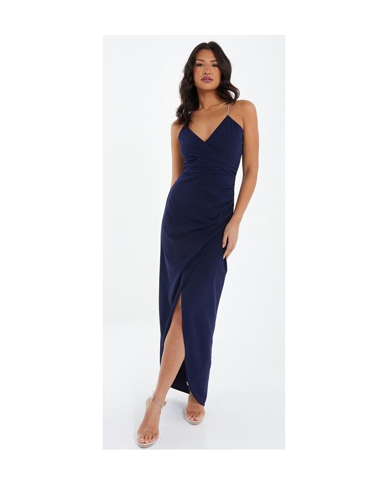 Women's Scuba Crepe Diamante Strap Wrap Maxi Dress Blue $37.40 Dresses