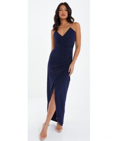 Women's Scuba Crepe Diamante Strap Wrap Maxi Dress Blue $37.40 Dresses