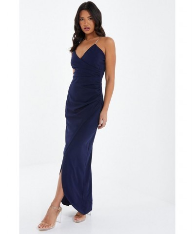 Women's Scuba Crepe Diamante Strap Wrap Maxi Dress Blue $37.40 Dresses