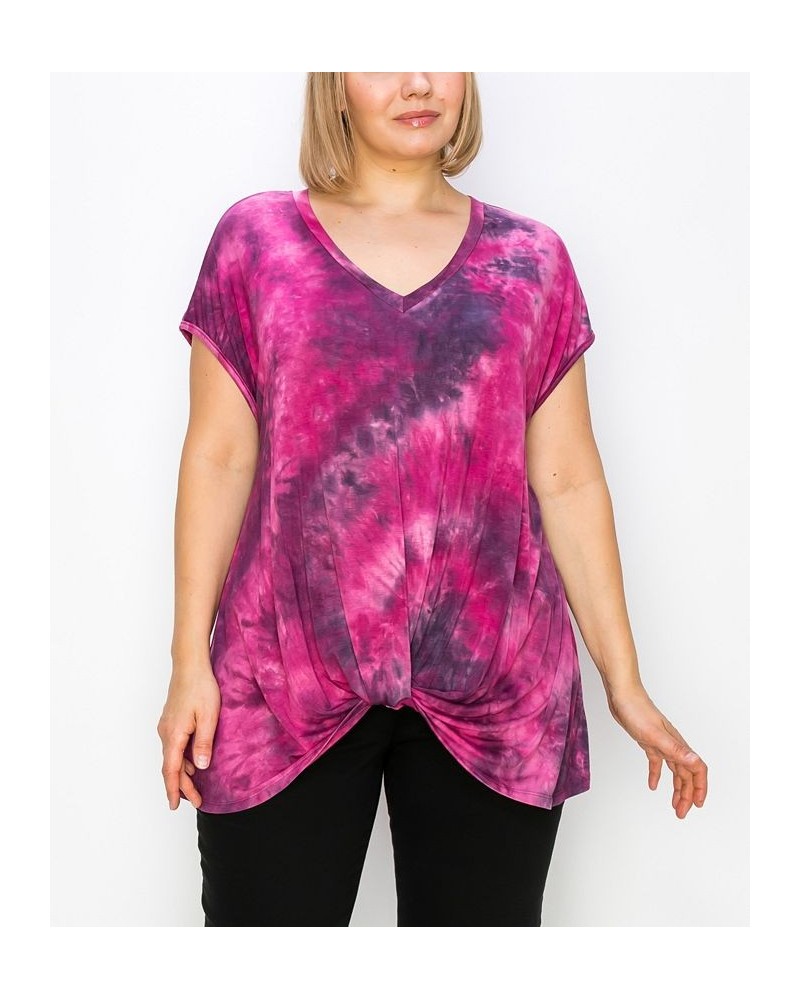 Plus Size Hand Tie Dye V-Neck Twist Front Top Magenta/Ink $18.98 Tops