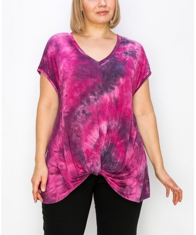 Plus Size Hand Tie Dye V-Neck Twist Front Top Magenta/Ink $18.98 Tops