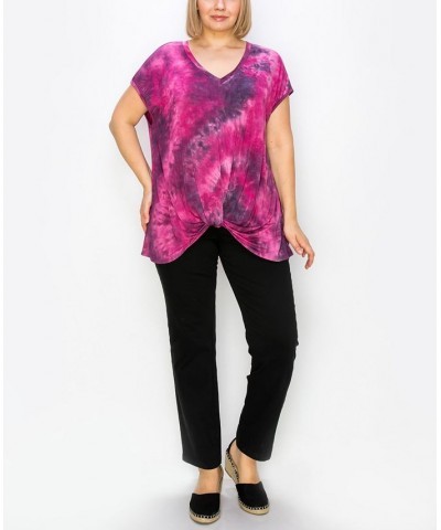 Plus Size Hand Tie Dye V-Neck Twist Front Top Magenta/Ink $18.98 Tops