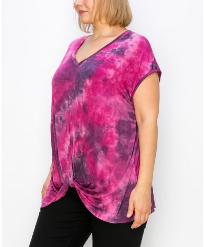 Plus Size Hand Tie Dye V-Neck Twist Front Top Magenta/Ink $18.98 Tops