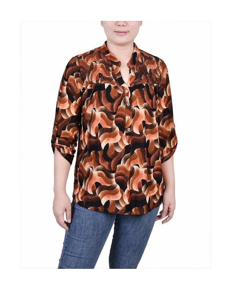 Petite 3/4 Roll Tab Sleeve Smocked-Yoke Top Rust Black Abstract $16.00 Tops