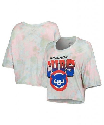 Women's Threads Chicago Cubs Cooperstown Collection Tie-Dye Boxy Cropped Tri-Blend T-shirt Light Blue $28.20 Tops