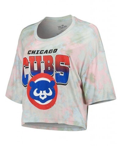 Women's Threads Chicago Cubs Cooperstown Collection Tie-Dye Boxy Cropped Tri-Blend T-shirt Light Blue $28.20 Tops