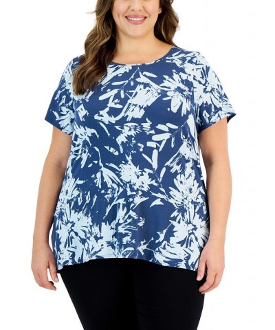 Plus Size Printed Short-Sleeve Side-Slit Top Blue $17.55 Tops